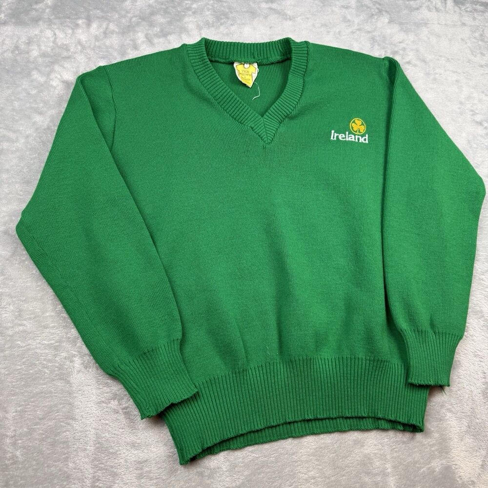 Vintage Ireland Shamrock V Neck Green Knit Sweater XL Made in Ireland